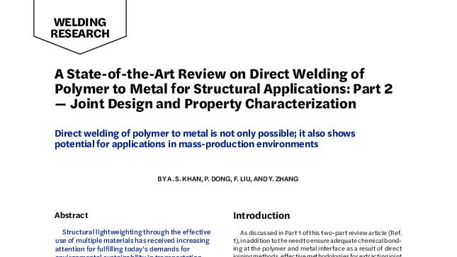 A State-of-the-Art Review on Direct Welding of Polymer to Metal for Structural Applications: Part 2 — Joint Design and Property Characterization