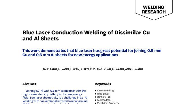 Blue Laser Conduction Welding of Dissimilar Cu and Al Sheets