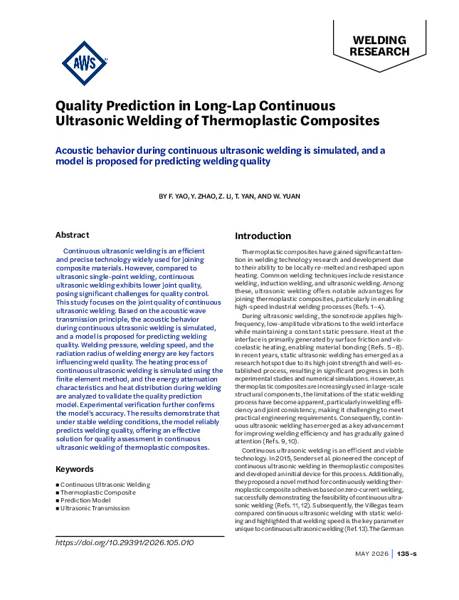 Quality Prediction in Long-Lap Continuous Ultrasonic Welding of Thermoplastic&nbsp;