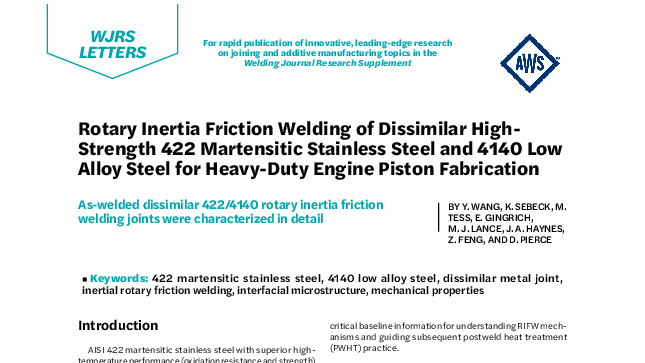 Rotary Inertia Friction Welding of Dissimilar High- Strength 422 Martensitic Stainless Steel and 4140 Low Alloy Steel for Heavy-Duty Engine Piston Fabrication