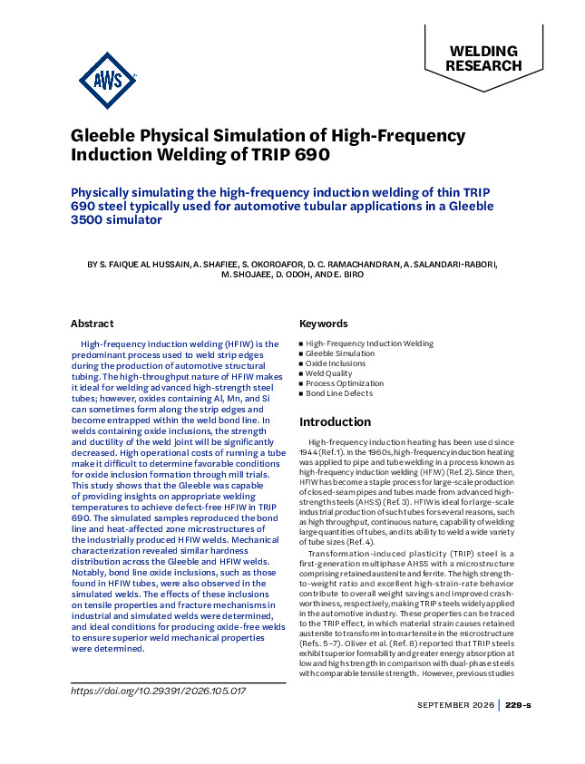Gleeble Physical Simulation of High-Frequency Induction Welding of TRIP 690