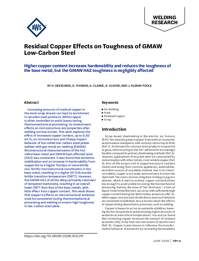 Residual Copper Effects on Toughness of GMAW Low-Carbon Steel