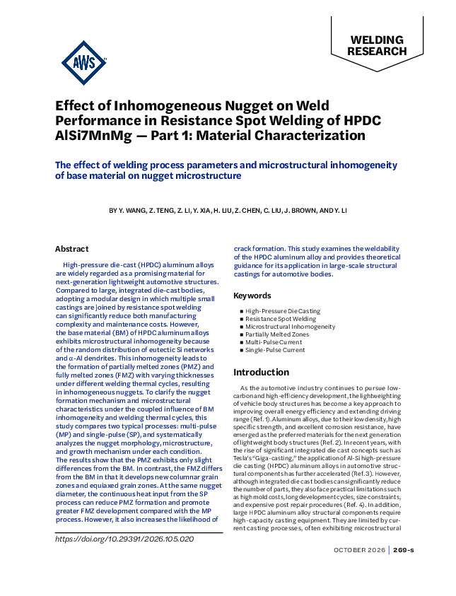 Effect of Inhomogeneous Nugget on Weld Performance in Resistance Spot Welding of HPDC AlSi7MnMg — Part 1: Material Characterization
