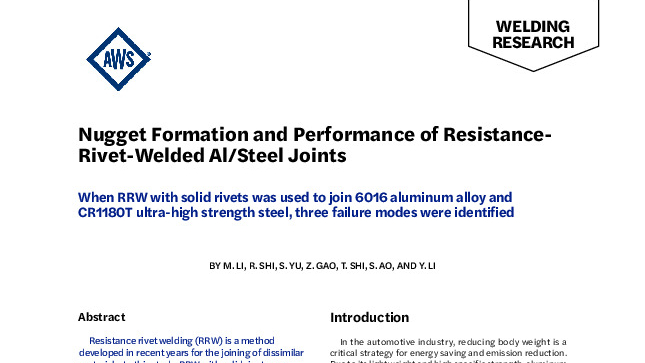 Nugget Formation and Performance of Resistance- Rivet-Welded Al/Steel Joints