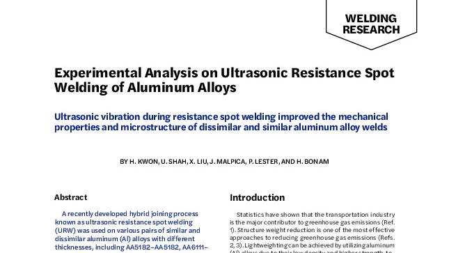 Experimental Analysis on Ultrasonic Resistance Spot Welding of Aluminum Alloys