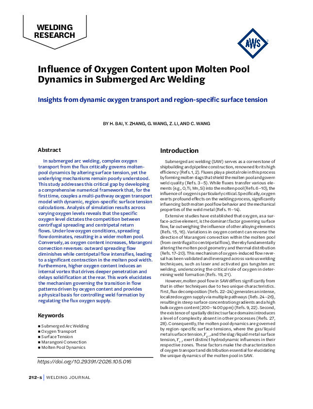 Influence of Oxygen Content upon Molten Pool Dynamics in Submerged Arc Welding