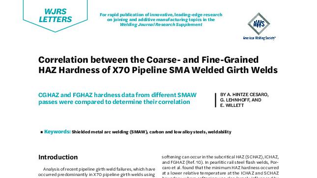Correlation between the Coarse- and Fine-Grained HAZ Hardness of X70 Pipeline SMA Welded Girth Welds