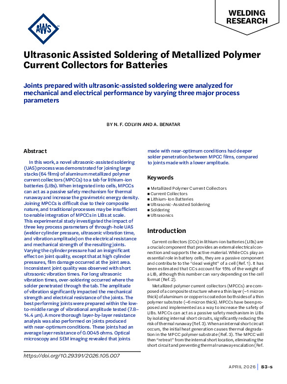 Ultrasonic Assisted Soldering of Metallized Polymer Current Collectors for Batteries