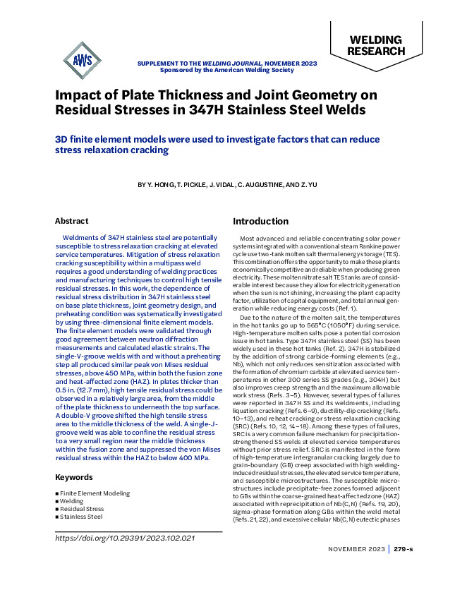 Impact of Plate Thickness and Joint Geometry on Residual Stresses in 347H Stainless Steel Welds